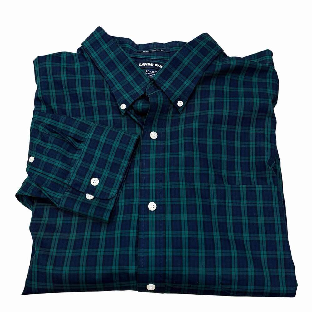 Lands' End Men's 4XL Navy Green Plaid Poplin Cotton Button Down Shirt NWOT